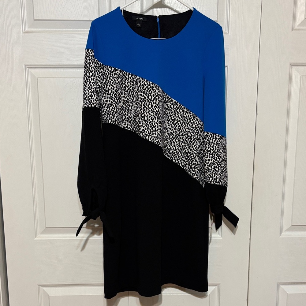 Alfani Blue and Black Long Sleeve Dress